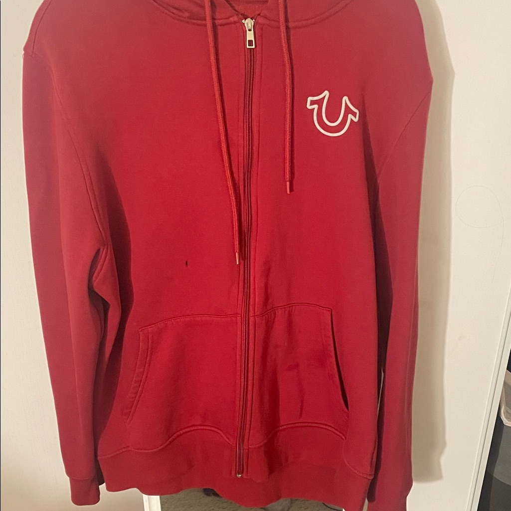 True Religion Red Full-Zip Hoodie With White Horseshoe Patch